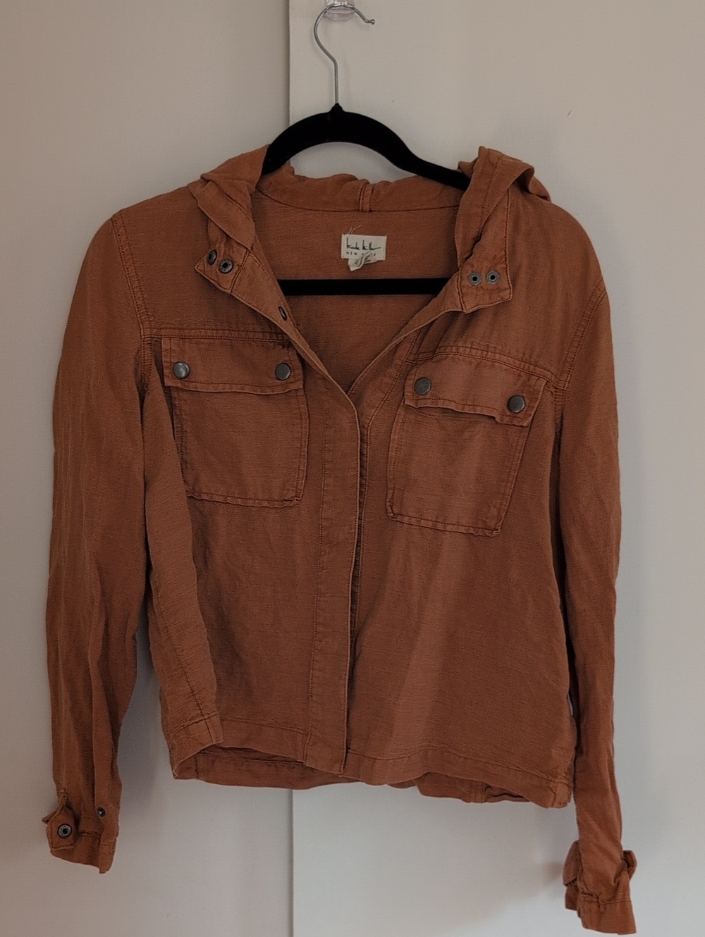 Nicole Miller NY Rust Orange Linen Blend Hooded Utility Jacket -Size Medium Fall